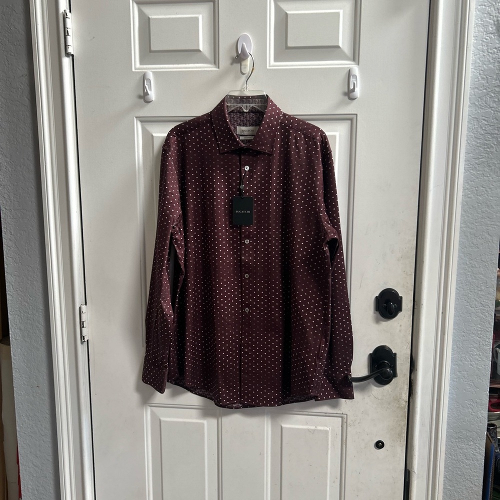 Bugatchi Burgundy Polka Dot Dress Shirt Sz L -8 way stretch